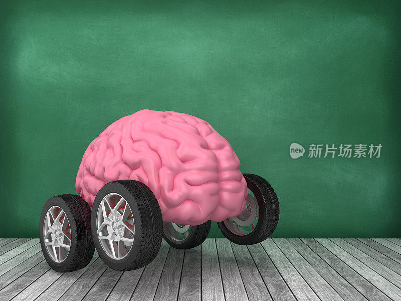 人类大脑与汽车车轮在黑板背景- 3D渲染